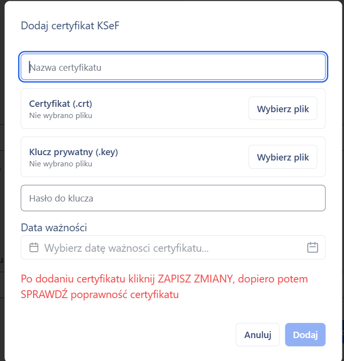 Dodaj certyfikat KSeF
