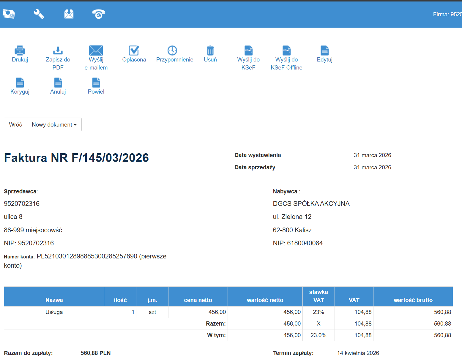 Wysyłka faktury do KSeF
